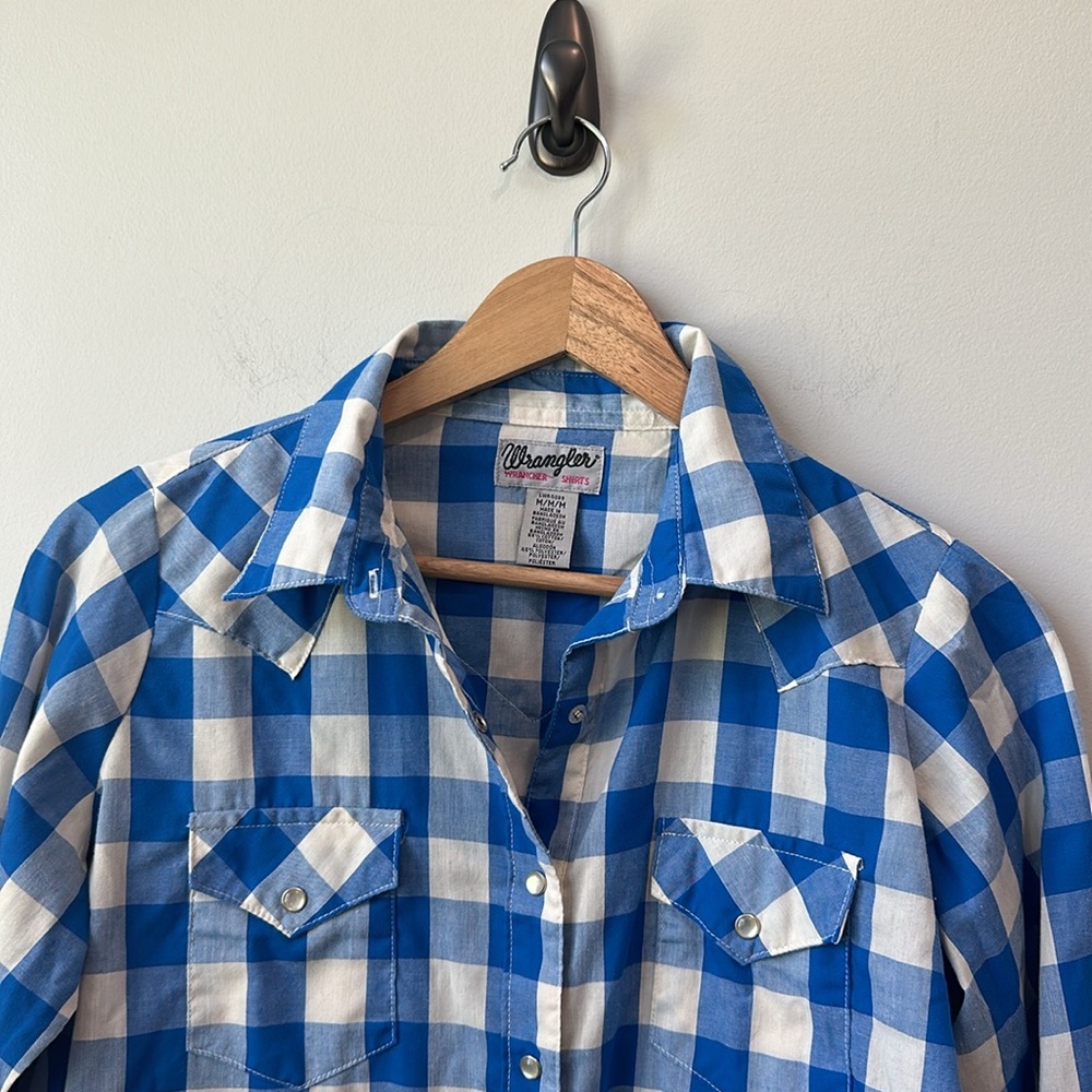 Wrangler Pearl Snap Royal Blue Buffalo Check Western button down Shirt M - Picture 2 of 8